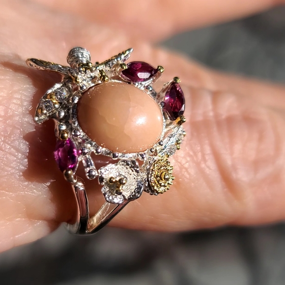 Gorgeous pink Opal & Pink Rhodolite Sapphires bumble bee sterling ring sz8.5 - Picture 8 of 10